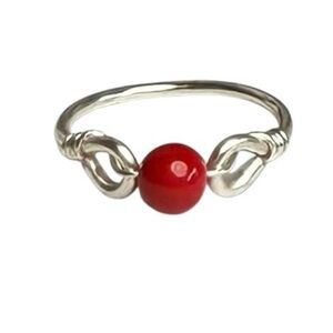 Hand Crafted Red Natural Coral Stone Bead & Silver Tone Wire Ring Sz 5.5 & 8 NEW